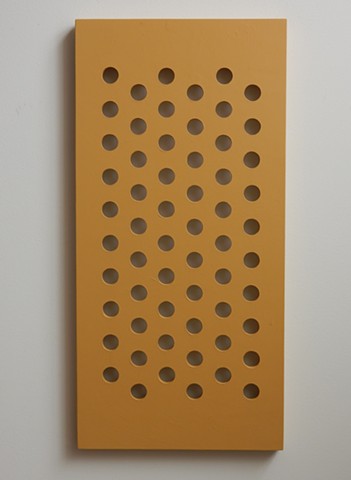A wall relief, influenced by minimalism, situated somewhere between painting and sculpture. Acrylic paint on a wood panel, 32-1/2 x 15-3/4 x 1-1/4 inches, by Robert Fields, 2015.