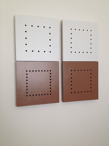 A minimalist sculpture, painted wood, wall hung, in 2 units, "Not There Yet," 2015, by Robert Fields