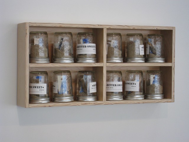 Abstract wall sculpture. Box-shelf with metal screw-lid glass jars, labeled and filled with sand, wood and paper.