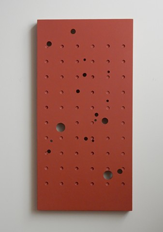 A low-relief, painted wood wall-hung sculpture done in the manner of post-minimalism, geometric abstraction. "Speak your heart." Robert Fields, 2016, Chicago, IL. 