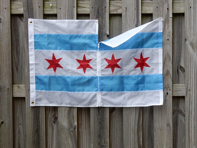 Contemporary art, abstract, flag, minimalism, immigration issues, Chicago, resistance, noncompliance, President Trump, City of Chicago flag, Robert Fields, sculptor, 2017.