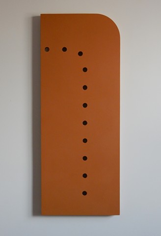 A low-relief, painted wood wall-hung sculpture done in the manner of post-minimalism, geometric abstraction. "Sit there. STOP IT!" Robert Fields, 2016, Chicago, IL. 