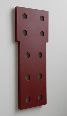A low-relief, painted wood, wall-hung sculpture done in the manner of post-minimalism, geometric abstraction. "Here. Thanks for making it happen." Robert Fields, 2016, Chicago, IL. 