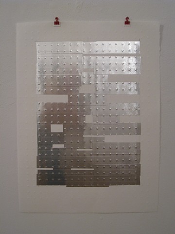 Art, work on paper, mono print, relief print, embossed, with metallic tape on Rives BFK paper, 2012, by Robert Fields