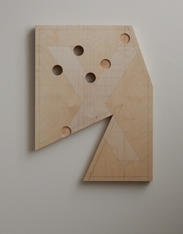 A low-relief, painted wood, wall-hung sculpture done in the manner of post-minimalism, geometric abstraction. "Wrong." Robert Fields, 2016, Chicago, IL. 