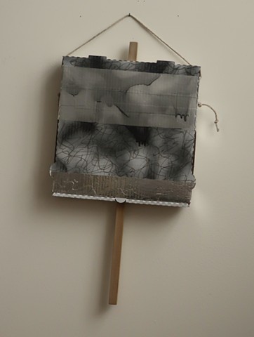 Robert Fields, "DOUBT." 2019. 24 H x 13 W x 2-1/4 D inches. Acrylic and lacquer paint, ink, graphite and adhesive tape on corrugated paper board box with wood & twine. Contemporary, AB-Ex painting. Calling-out: Be a force for good.