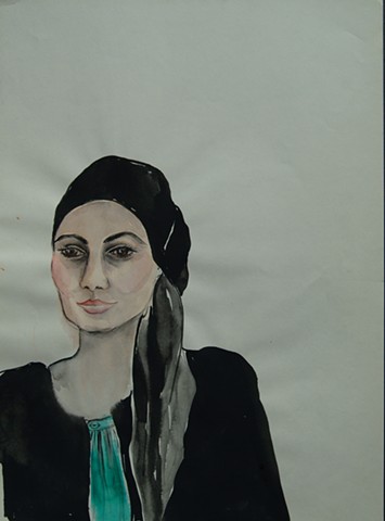 Cat. #90, Portrait of woman in black and aqua with black silk scarf 