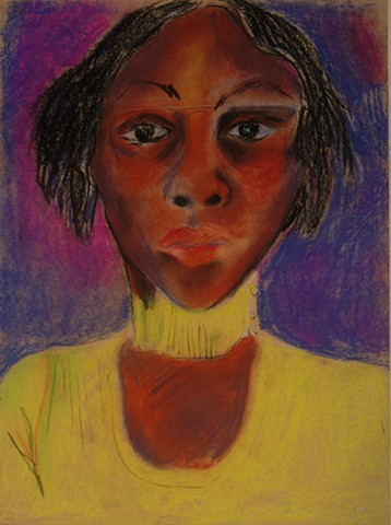 Cat. #92, Portrait of young African-American woman with glasses, canary yellow choker and top, 