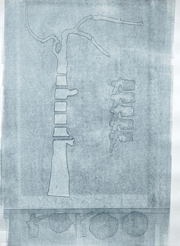 monoprint (monotype) tree with vertebrae