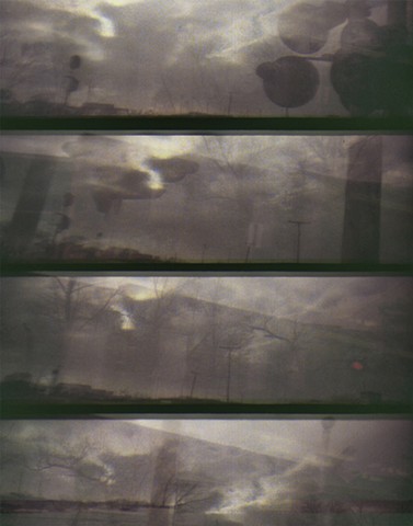 lomokino film 35mm movie strip, train window images, digital photgraph printed on paper and tarlatan