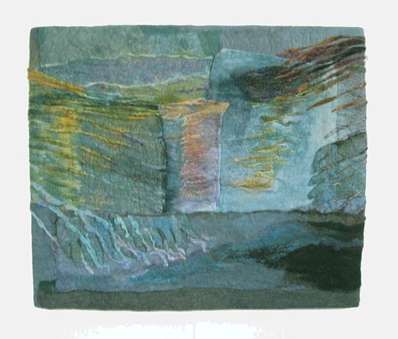 handmade felt wall piece made of dyed, unspun wool and yarns, by Sharron Parker. Inspired by the changing light and colors of Dingle Bay, Ireland.