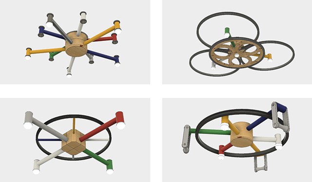 Concepts for custom light fixtures. Proposed designs for a custom light fixture for the Velo Vino winery in St. Helena CA. Designs combined recycled bike frames, cranks, hubs, rims, LED's, 4x4" Doug Fir beams and Baltic Birch Plywood. Modeled in Fusion360