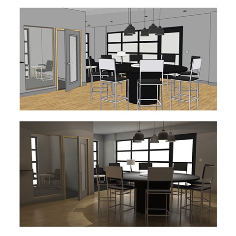 Bishop Keller Office remodel for client drawn in SketchUp (top) and rendered in SU Podium (bottom). 2017