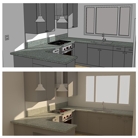 Kitchen remodel for client drawn in SketchUp (top) and rendered in SU Podium (bottom). 2017