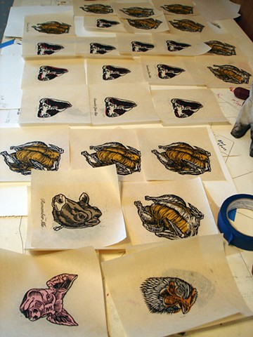 Assorted block prints (Dead Meat) produced at Dead End II reception