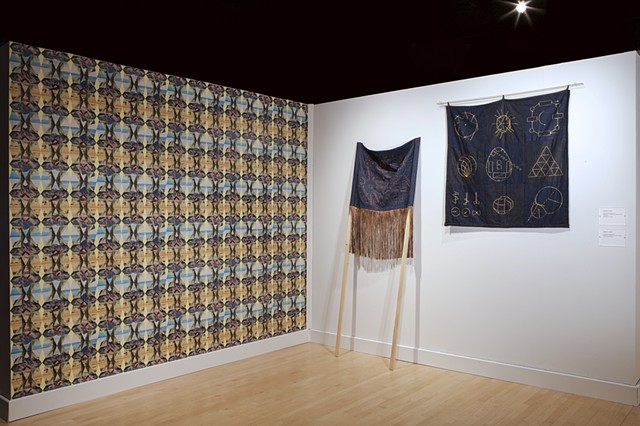 Installation view: (R) Industry and Craft, (C) Shelter and Land Use and 
(L) Whole Earth Systems: Double Mountain Wallpaper 
