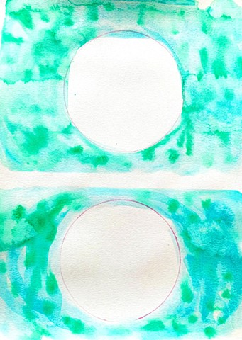 Two moons in a greenish watercolor field. 