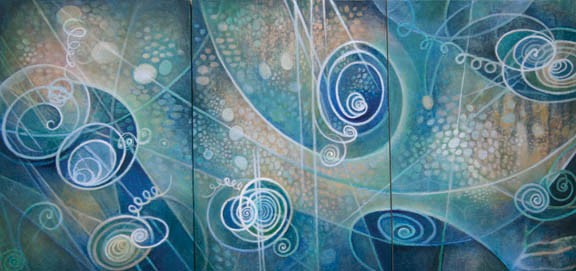 spirals, waves, particles, field, blue, green, trinity, spiritual art, painting, science, physics