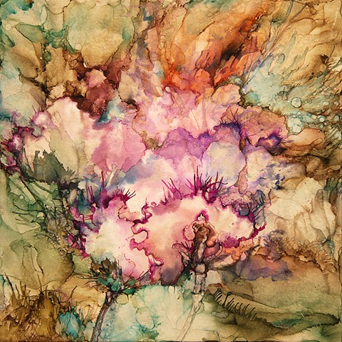 autumn, flowers, earth,fuschia, cockscomb, painting, alcohol ink, tile, 