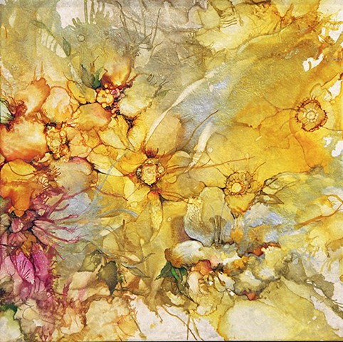 yellow, fairy, detail, flower, garden, tile, alcohol ink, painting, beauty