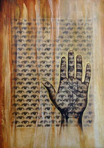 Inherent divinity, xerox transfer, eyes, iris, nature, patterns, golden mean, grid,mixed media, acrylic painting, hand, palm, palmistry, map