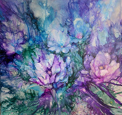 Garden, Twilight, Flowers, Blue, Purple, evening, tile, alcohol ink, painting, art 