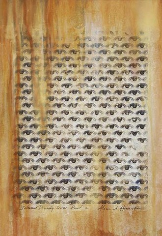 Inherent divinity, xerox transfer, eyes, iris, nature, patterns, golden mean, grid,mixed media, acrylic painting