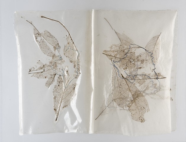 stitched skeletal leaves on silk and plexiglass