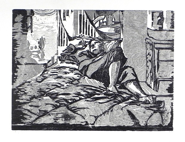 Morning Routine: Self Portrait. 22.25 x 15". Reductive Woodcut. Relief Print. 2009. 