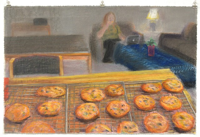Fresh Baked, Right Out of the Oven. 35.5" x 23.25". Pastel. May 2013. Chocolate Chip Cookies. Interior. Baking Cooling Rack. Self Portrait. 