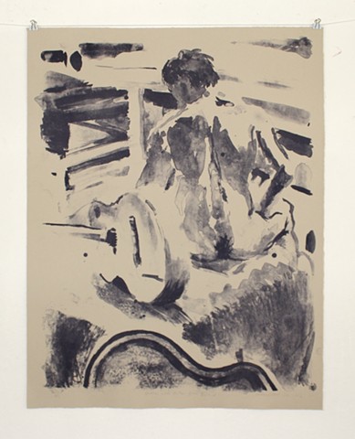 Justin with Guitar from Behind. 26 ¾" x 21". Lithograph on Somerset Paper. 2013. by Catherine Cole. Print, printmaking, litho, lithographic, nude, nude male, guitar, guitar case, sitting, back, back hair, tusche, tusche wash, ink, ink wash, RISD, Rhode Is