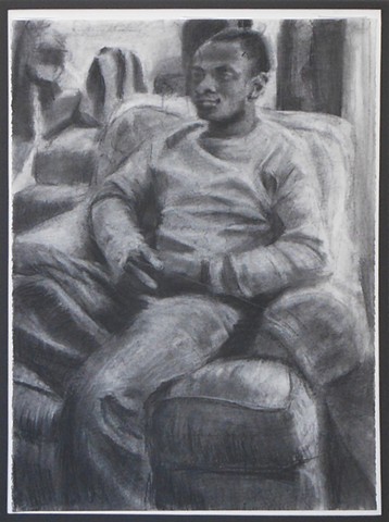 Charles. 22" x 30". Charcoal. 2012. Boyfriend. Ex-boyfriend. Friend. Drawing by Catherine Cole, portrait, figure, model, modeling, pose, posed, chair, clasped hands, man sitting, black man, african american man, 