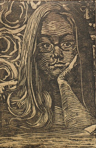 Self Portrait: Dreamy. Woodcut. Reeves BFK Tan. 2012. by Catherine Cole. mark, mark making, Groucho Marx, groucho marx glasses, nose, hand, arm, hair, swirls, glasses, book, 
