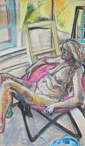Shelia. Pastel and Charcoal on Plywood. 27" x 48". November 2013. by Catherine Cole. Nude figure, nude model, nude female, woman, glasses, wavy hair, windows, pink chair, watering can, yellow cloth, reclining, sitting, RISD, Rhode Island School of Design,