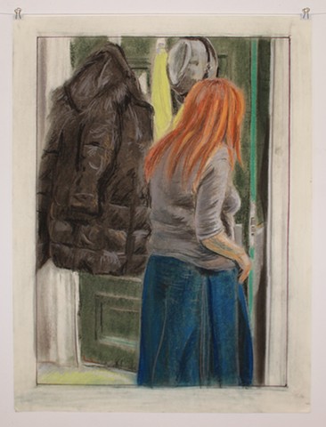 Face to Face. 15 x 21" on 18 x 24". Pastel and Colored Pencil. December 2013. Red-Head Red Headed Figure Opening Green Door. Winter Coat. Fedora. Yellow Sweater. Catherine Cole