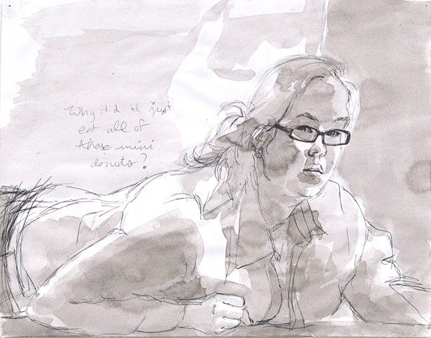 Why Did I Just Eat All of Those Mini Donuts? Mini Donuts. 14 x 11.5". Pen and Ink. November 2012. by Catherine Cole. ink wash, female, woman, glasses, on the floor, on the ground, questions, fat, self control, 