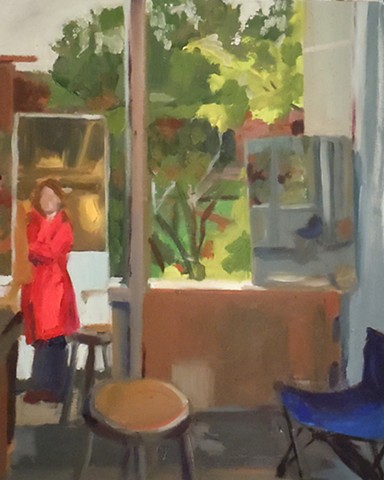 Self Portrait with Red Raincoat. 16 x 19.5". Oil on Gessoed Paper Primed Paper. Fall 2010. 