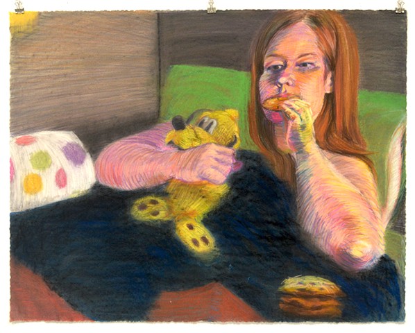Cookies in Bed. 35.75" x 28". Pastel. May 2013. Chocolate Chip Cookies. Pluto. 