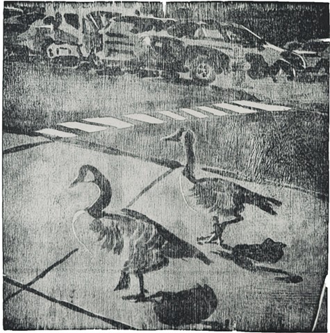 Oh Geese by Catherine Cole mokulito wood lithograph woodcut artist printmaking parking lot