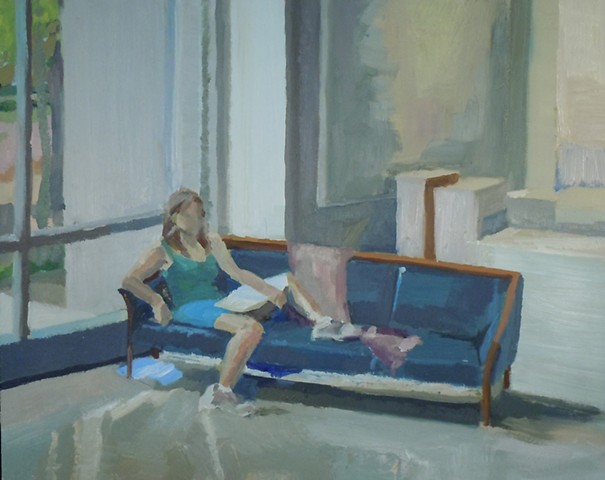 Girl Reading on Teal Couch. 16 x 20". Oil on Masonite. Fall 2010. 