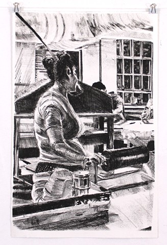 "Ivy at the Press". Lithograph print 2013. 3/6 15¾" x 10¼" by Catherine Cole. Print, black and white, printmaking, litho press, press, litho roller, back turned, buns, RISD, Rhode Island School of Design, grad student, graduate student, MFA