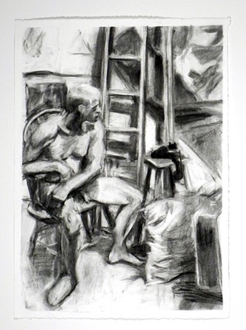 Opera Guy? 15 x 22.25". Charcoal. May 2011. Opera Student. Phone. Pillow. Ladder. Sitting. by Catherine Cole