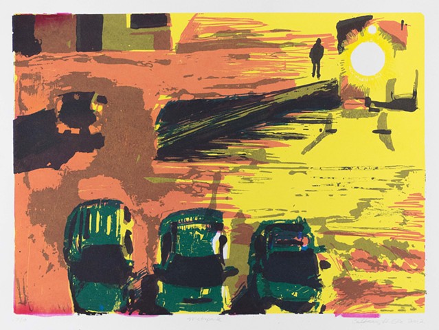 Metropark. 22.25x15". Screenprint. Serigraph. 2012. by Catherine Cole. Light, man, cars, car, parking lot, asphalt, shadow, yellow, orange, turquoise, violet