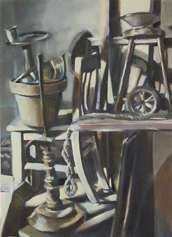 Still Life. 21" x 29". Oil on Primed Paper. February 2010. First Oil Painting Ever. Junk. Chair. Rope. Lamp Pole Tire Bowl Terracotta Pot Stool