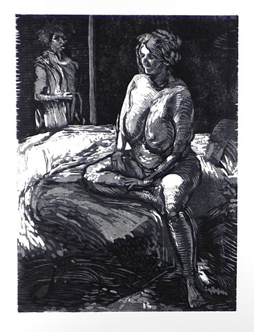 Angie at Night. 15x22.25". Reductive Woodcut. October 2011. by Catherine Cole. Nude female, big breasts, big boobs, bed, bedspread, chiaroscuro woodcut, relief, print, printmaking, prints, art, artist, artwork. Two figures. 