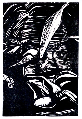 Self Portrait. Linocut. 2012. Catherine Cole. leaf, leaves, eye, nose, forehead, hair, black and white, carve, carved, relief, print, printmaking, art, artist, artwork