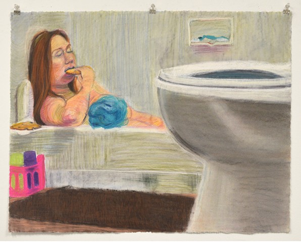 Bath Time with Cookies. 35.25" x 27.75". Pastel. May 2013. Chocolate Chip Cookies. Bubble Bath. Toilet. Loofa. Self Portrait.