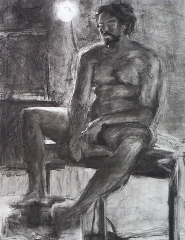 Rob is Backlit. 22.5" x 30". Charcoal. April 2011. by Catherine Cole. Drawing. art, artwork, artist. Light, backlight, backlit, male, nude male, nude man, mustache, 