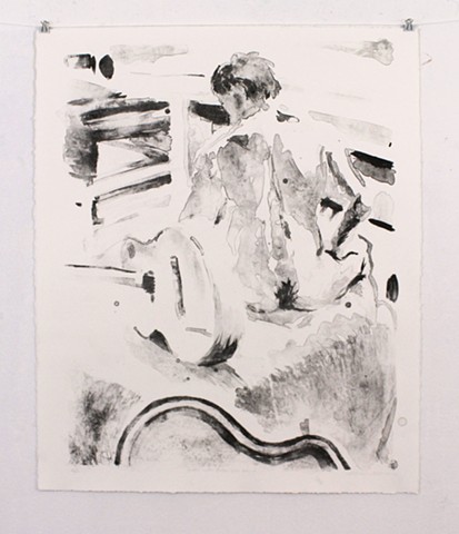 Justin with Guitar from Behind (First State). 26 ¾” x 22.5" Lithograph on Reeves BFK. 2013. by Catherine Cole. Print, printmaking, litho, lithographic, nude, nude male, guitar, guitar case, sitting, back, back hair, tusche, tusche wash, ink, ink wash, RIS