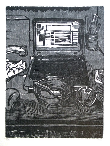 Morning Routine: Breakfast. 15 x 22.25". Reductive Woodcut. Relief Print. Fall November 2009. 